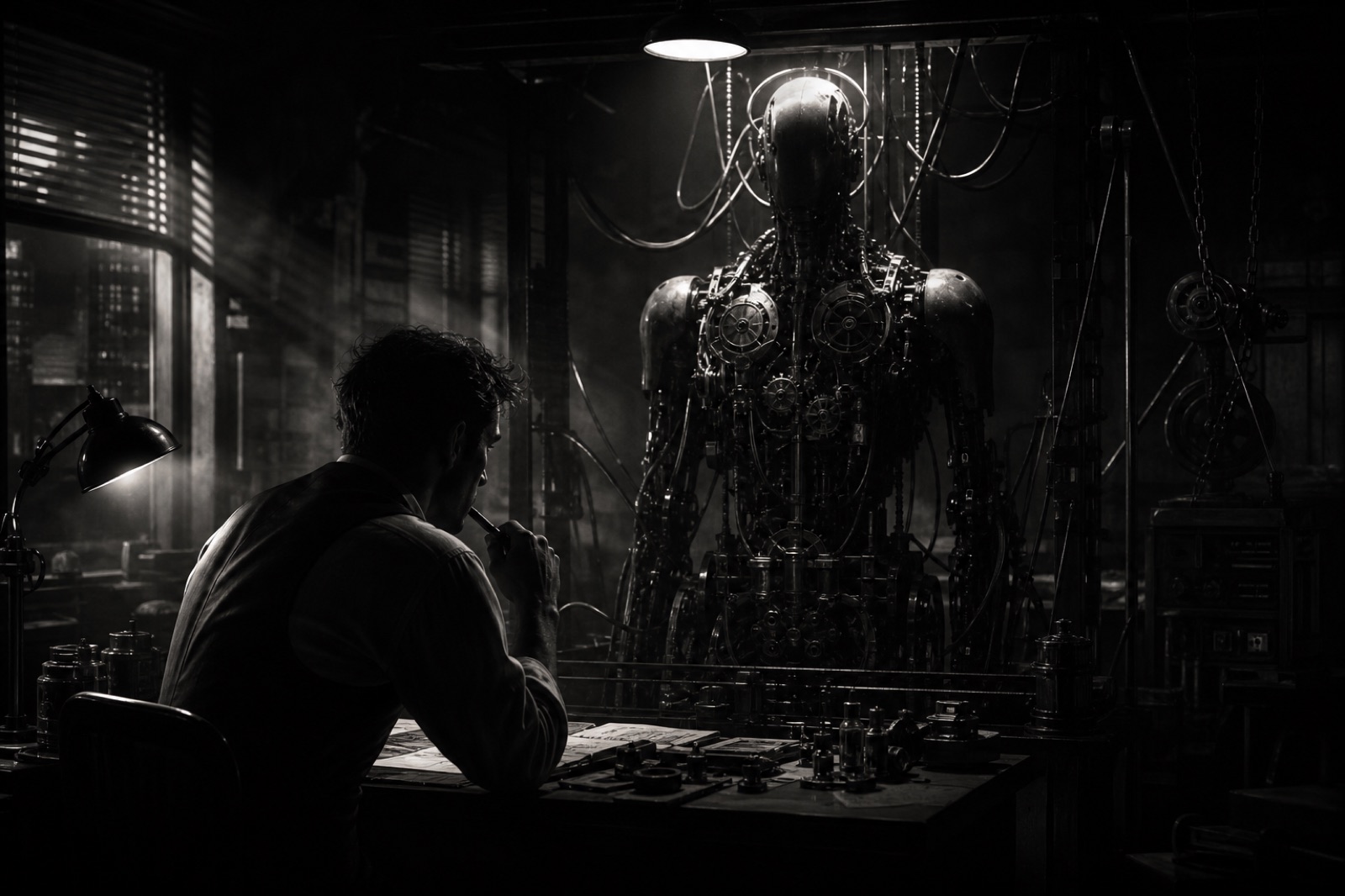 A founder at a dim workshop desk studying a wired mechanical automaton — building a business once meant learning the machine.