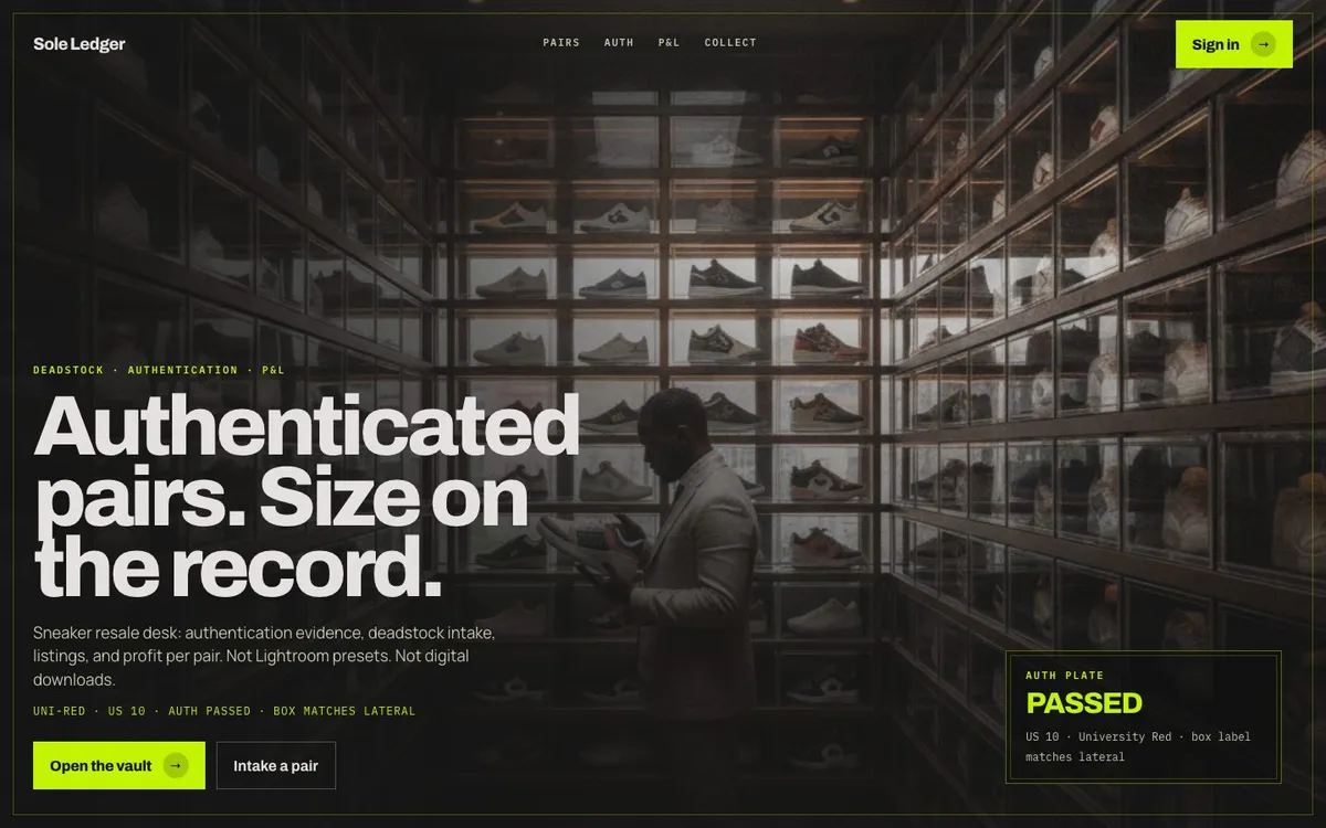 Sole ledger authenticated sneaker resale landing page
