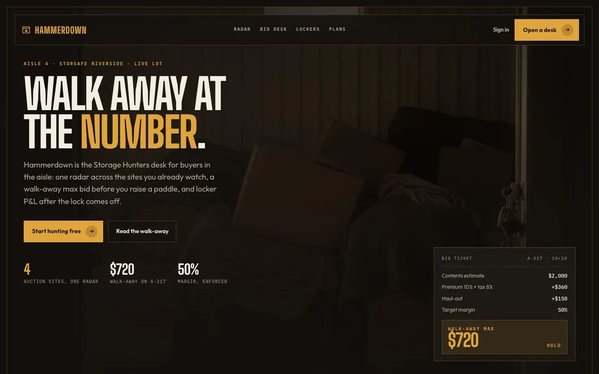 Storage auction operations landing page